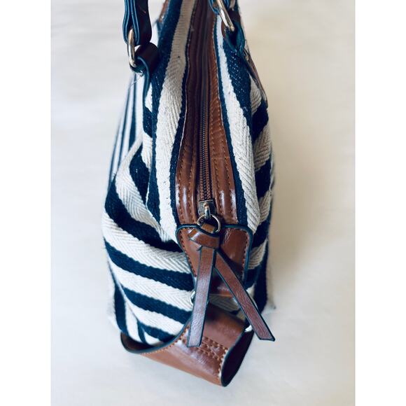 b. bag Cream and Navy Blue Striped Bag Tote Purse - Picture 7 of 11